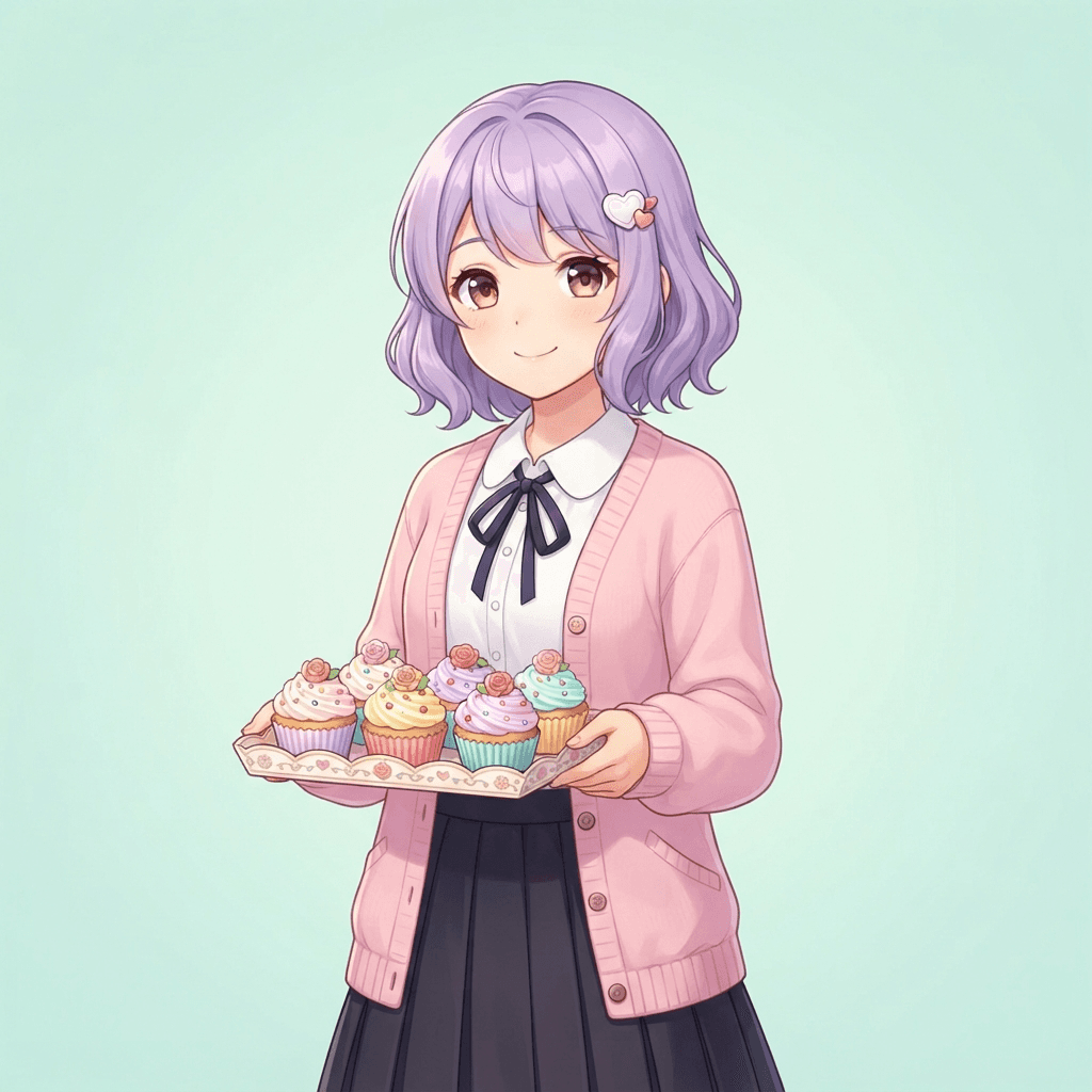 original visual novel style anime school girl, literature club member, short lavender hair, pastel cardigan, cupcakes, digital illustration