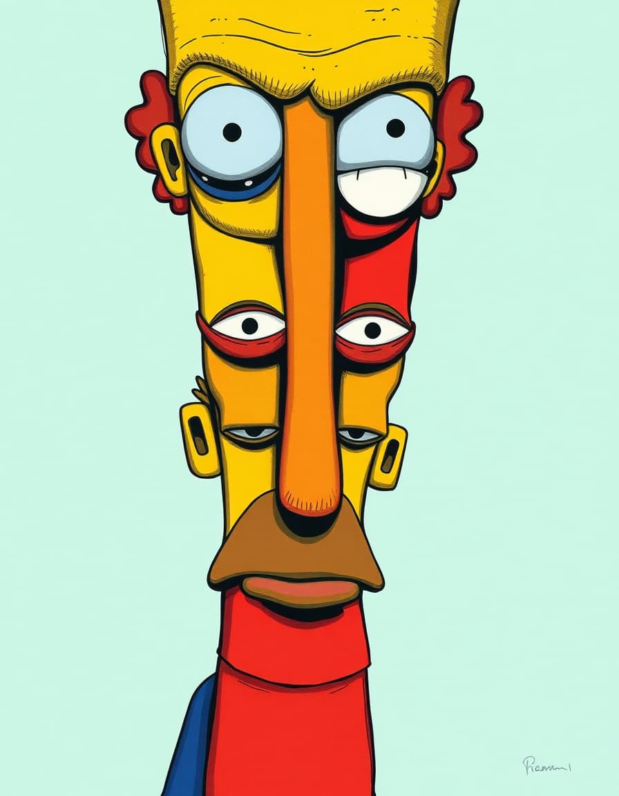 Vertically stacked cubism faces funky stylized color used to emphasize simple design solid color application simplistic minimalist abstract Simpsons surrealist Simpson hallucination trippy creepy . In the style of Ralph steadman. Ink painting. Picasso faces with only eyes or mouths in some places. Total face reconstructions with Simpsons face attributes. Style of Aaron horky