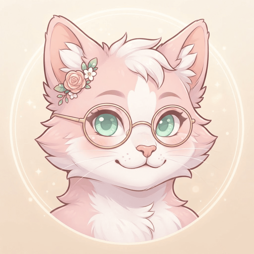 cute anthro cat fursona headshot avatar, pastel pink and white fur, round glasses, flower clip, cream gradient background, wholesome furry art