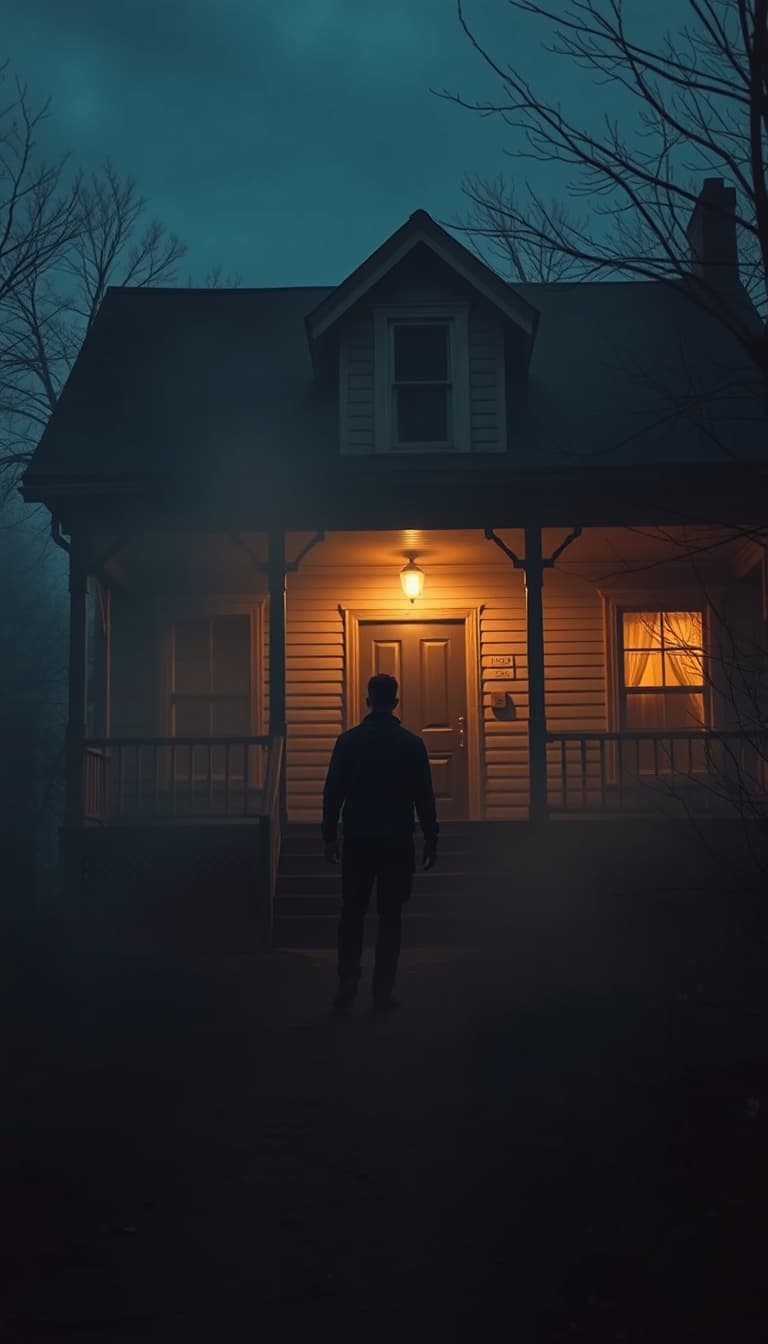 A man standing outside an old abandoned house at dusk, fog rolling across the ground, dim porch light flickering, cinematic horror lighting, slow camera push forward