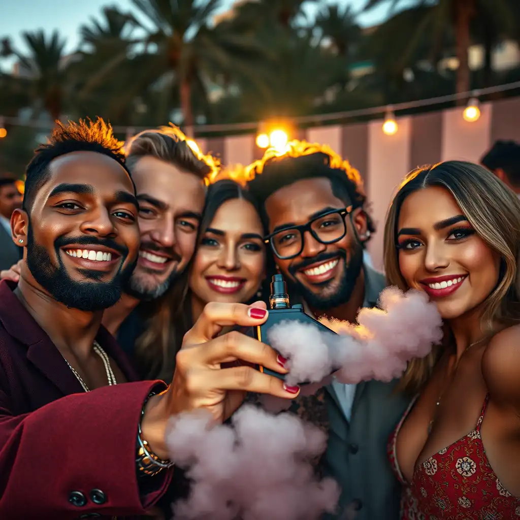 Ultra-realistic cinematic group selfie photo of four stylish people gathered closely together, diverse men and women, smiling naturally, joyful expressions, holding a Vape Mod showing Big round clouds,  red carpet and celebrity event atmosphere, luxury outdoor setting, golden hour sunset lighting, professional studio-quality makeup,  volumetric light, soft shadows, cinematic color grading, shallow depth of field,  DSLR look, 35mm lens, f/1.8 aperture, HDR, ultra-sharp focus, extreme detail, photorealistic skin tones, balanced contrast, award-winning photography, magazine cover quality, Vogue / Vanity Fair style, 8K resolution, hyper-detailed, professional photography