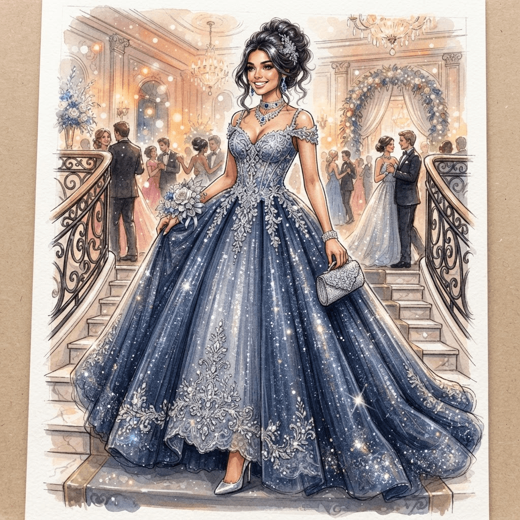 prom fashion, floor length ball gown, corsage, sparkling tulle, styled with statement accessories, fashion illustration, full body