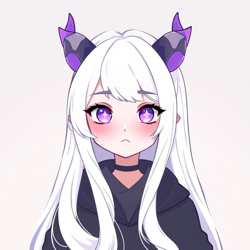 generate me a vtuber avatar, a girl with very long white hair, light purple eyes with a little bit darker star pupils looking chibi, and adorned with dragon horns.