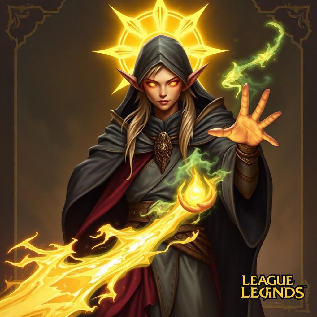 dnd character art of a elven mage, wearing sorcerer's robes, radiating power, glowing eyes, radiant halo, art nouveau style, league of legends character art, tcg art