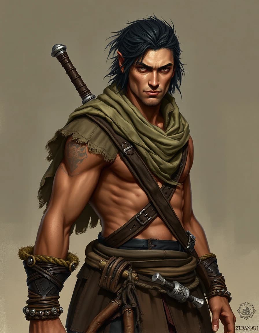 ZURANI ROGUE THIEF — MALE PORTRAIT PROMPT
A male Zurani rogue from the steppe‑nomad culture, reimagined in gritty Hyborian‑fantasy style. Absolutely human. Lean but muscular build (STR + DEX), agile and wiry like a seasoned corsair. Wind‑burned skin, dark hair tied back or loose, sharp cheekbones, light or hazel eyes with a cunning, alert expression. Wears layered leathers, sashes, and travel‑worn fabrics in earth tones, with subtle maritime touches from the Inner Sea: rope bracelets, bone toggles, weathered cloth wraps. No armor plates. Hands calloused from climbing rigging and brawling in taverns. Expression confident, dangerous, half‑smirk of someone who knows every alley and every shadow. Equipped with a shortsword and a light crossbow; belt with tools for theft and survival. Background hinting at Zurath: docks, sails, desert winds meeting the sea. Gritty realism, Hyborian tone, no fantasy races.
Tag utili:
Zurani rogue, steppe corsair, gritty realism, human only, agile thief, tavern brawler, Inner Sea pirate, Hyborian tone