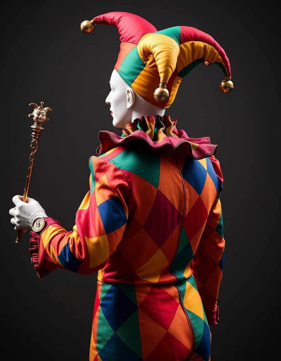 A dynamic scene showing the back and right-side view of a full figure of juggling Harlequin jester, clad in an opulent, vividly colorful motley costume. The fabric is adorned with classic harlequin diamonds in saturated hues—ruby reds, emerald greens, sapphire blues, golden yellows—stitched together in asymmetrical patchwork. The costume features exaggerated pointed shoulder panels and a cascading ruffled collar.

From this vantage, you glimpse the jester’s profile: a tilted head beneath a whimsical tricorn jester hat, with bell-tipped points that gleam with metallic sheen. The hat’s fabric echoes the diamond pattern, mixing colors in unexpected harmony.

Soft, ambient lighting accentuates the textures—the sheen of silk, the weight of velvet, the metal of the bells. The jester holds a marotte (fool’s scepter) in their outstretched hand, crafted with a miniature jester head wearing a matching cap. The background remains neutral and softly blurred, keeping full focus on the expressive silhouette, richly patterned fabric, and playful yet mysterious character.

Key visual elements to convey:

Perspective: from behind and to the right side, showing the shoulder line, back of the head, hat profile, and jester’s gesture.

Color palette: bright luminous primary and secondary jewel tones.

Texture & detail: diamond patchwork, ruffs, bells, marotte props.

Atmosphere: theatrical, slightly mysterious, vibrant yet refined.

Optional stylistic modifiers: intense theatrical lighting, high detail realism, cinematic mood, photographic hyper-realism.