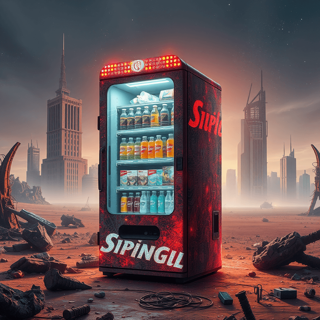 an ultra-sparkly, ravaged cyberpunk vending machine stands amidst the desolate ruins of a once-thriving city, its dazzling holographic patterns and shimmering led lights crackling with a final, feeble pulse, as it dispenses obscure, post-apocalyptic rations and murky, iodized beverages that cling to the glittering particles in the air, against a blistering, radiation-scorched desert backdrop punctuated by twisted, burnt-out skyscrapers. the ambiance is a nightmarish blend of post-tech relics and wasteland chaos, where high-tech innovation meets the ravages of catastrophic collapse.