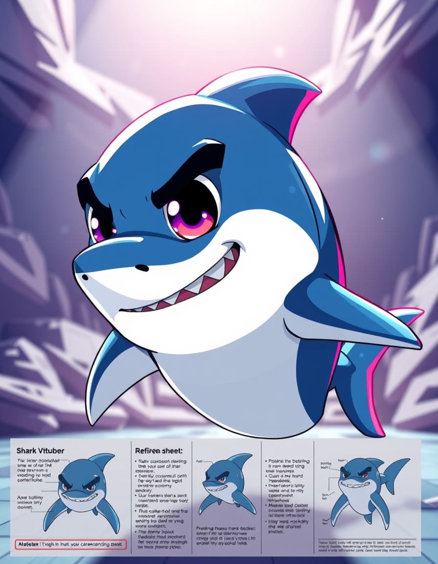 in a vibrant and cinematic stylization reminiscent of anime, depicting the essence of a stylized shark vtuber mascot with a detailed reference sheet, where the bold linework and controlled chromatic harmonies characteristic of anime come together to create a high-energy, visually striking representation. 
the shark vtuber mascot, showcasing its stylized and simplified facial geometry, exudes confidence with its sharp angular features and vibrant color palette, reflecting the dynamic and expressive qualities of its cell-shaded aesthetic. 
in the foreground, the reference sheet highlights the shark vtuber's key design elements, such as its bold, eye-catching fins and a sleek, aerodynamic body, all rendered with heightened attention to gesture and silhouette. 
background textures are minimized, allowing the viewer's focus to be drawn toward the stylized character, and emphasizing its unique features, while atmospheric depth and simplified color blocks are used to convey the narrative tone. 
the shark vtuber's eye rendering is characterized by transparent gradients, reflective hotspots, and subtle chromatic edging, creating an intense, emotionally charged appearance that underscores its energetic and dynamic personality. 
each design element, from the vibrant color scheme to the intricate details of the fins and body, is infused with the stylized aesthetic of anime, creating a visually striking representation of this shark vtuber mascot that perfectly balances narrative symbolism with efficient visual communication.