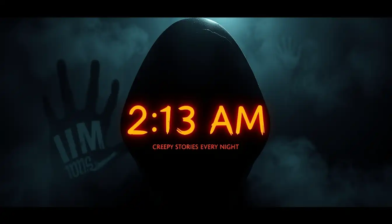 “dark horror logo with glowing text ‘2:13 AM’, creepy atmosphere, fog, shadow face in background, minimal design, high contrast, cinematic lighting”“Creepy Stories Every Night 😈”

“Don’t Watch Alone…”

👉 Dark background + horror vibe