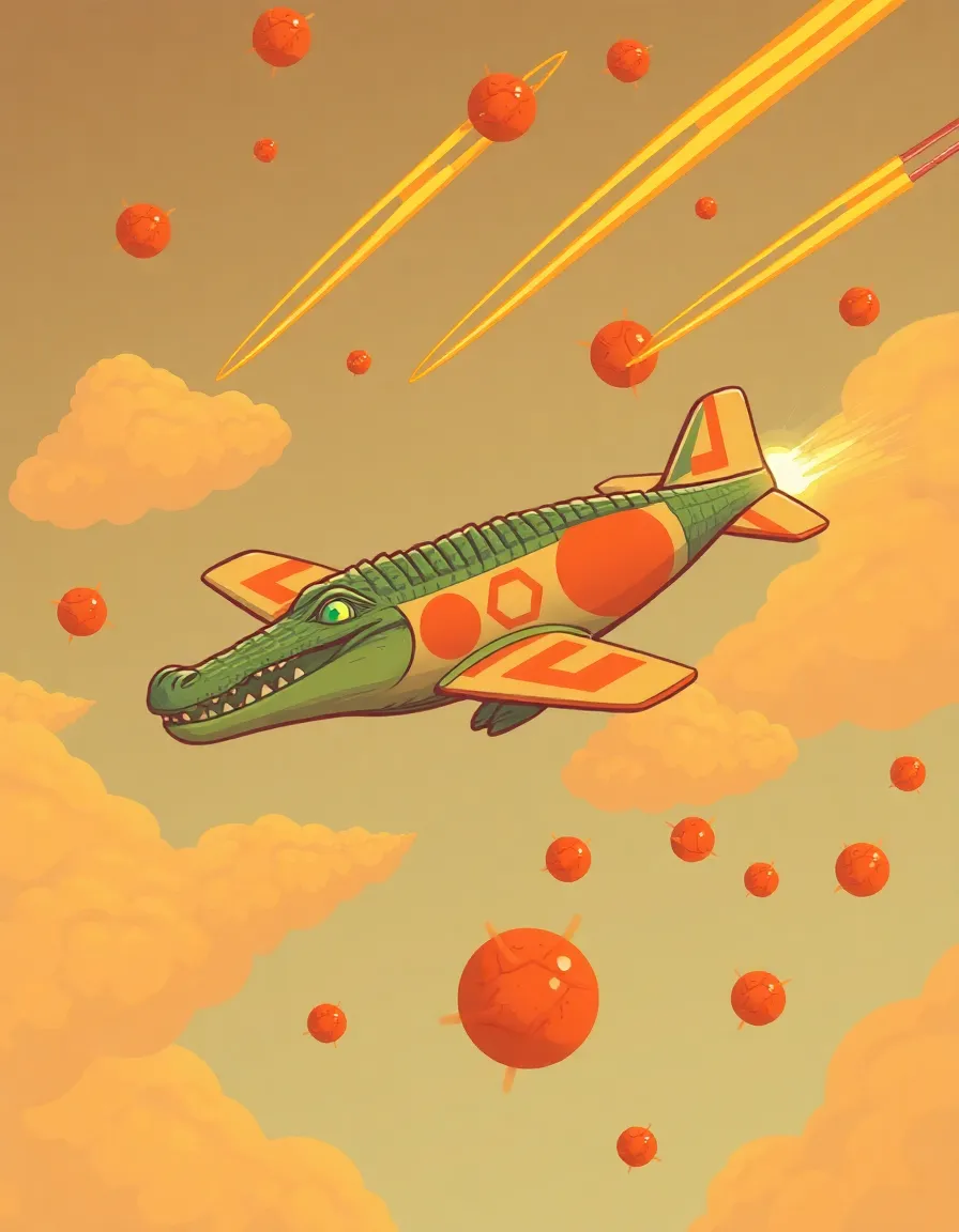 "A crocodile with a bomber plane body, soaring through a sky filled with spaghetti clouds and meatball meteors."