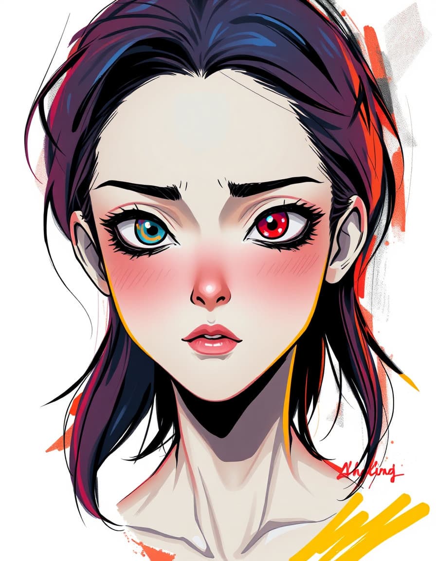 2d vtuber bust in live2d style, symmetrical face with detailed hair layers, clean line art, professional anime avatar, streamer vibe — rendered in an expressionist style with bold, distorted brushstrokes, exaggerated facial features, vivid, unconventional colors like deep blues, fiery reds and bright yellows, conveying intense emotion and raw, visceral energy.