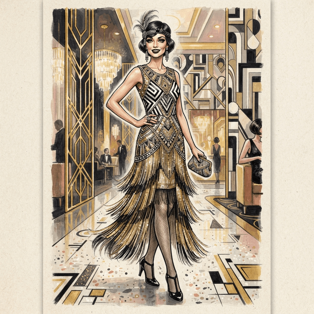 decades themed fashion, twenties flapper meets sixties mod, retro timeline styling, full length gown look, fashion illustration, full body
