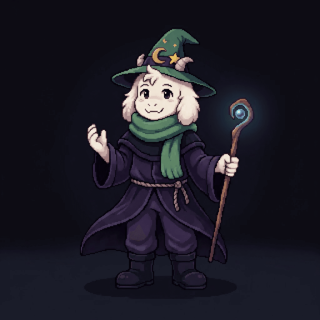 Deltarune game style fluffy goat prince OC with green wizard hat and scarf, dark world palette deep purples and blacks, Toby Fox game art style, soft cel shading, clean dark background