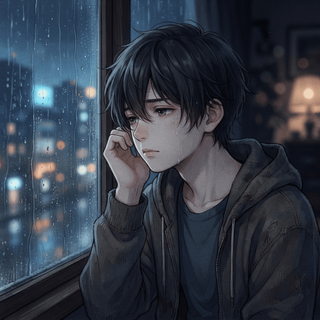 melancholy anime style close-up avatar portrait, boy by a rain-streaked window at night, muted blue tones, lo-fi aesthetic, sad pfp