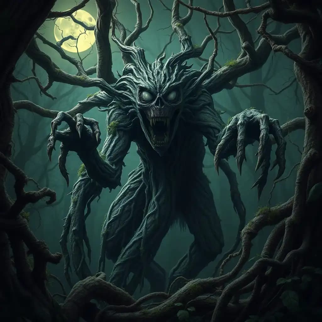 The nightmarish creature with milky, pus-filled eyes has gnarled roots for limbs, moss-covered bark for skin, and branches twisted like decrepit fingers. Its howls echo through the dense, tangled canopy of the forest, where shadows dance ominously under the moonlight. The air is thick with the scent of damp earth and decay, as the creature prowls among twisted vines and thorny thickets, a monstrous guardian of the dark woods. The hyper-realistic style captures every twisted knot and gnarled branch in vivid detail, creating a hauntingly beautiful yet chillingly realistic portrayal of the creature lurking within the depths of the forest.