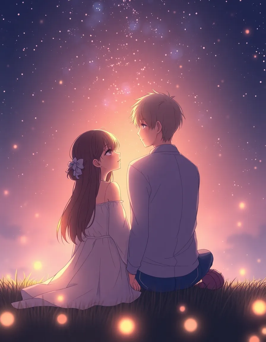 Romantic anime couple sitting together under night sky, warm soft lighting, dreamy lofi aesthetic, cozy atmosphere, gentle love vibe, detailed illustration, cinematic, slowed reverb mood, starry background, high quality digital art