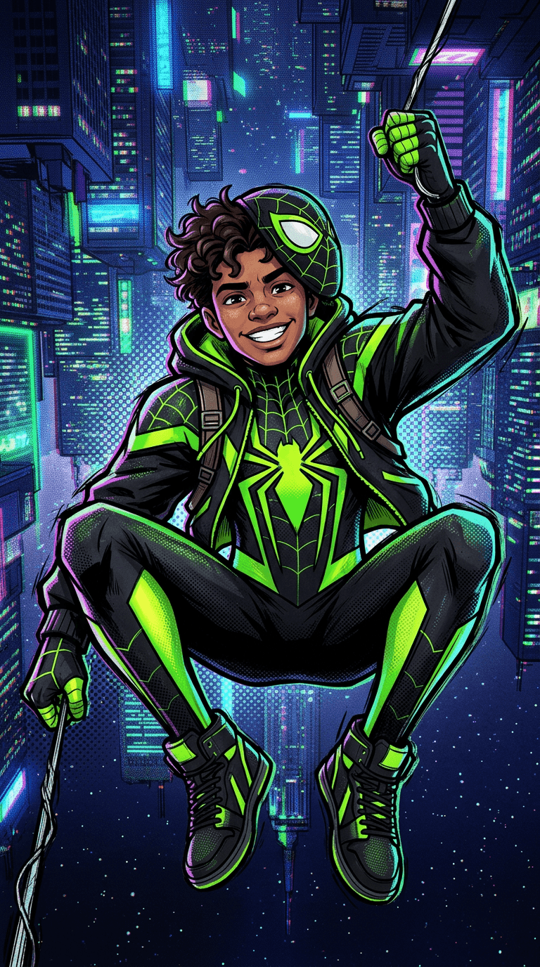 Original spidersona in the Spider-Verse animated film style: a teen hero in a black and neon green spider suit with a hoodie and sneakers, mask half off showing a grin, comic halftone dots, offset colour lines, bold ink, upside-down city skyline behind. Portrait framing from the waist up, face in the upper third of the frame, one character only. No text, no logo, no watermark.
