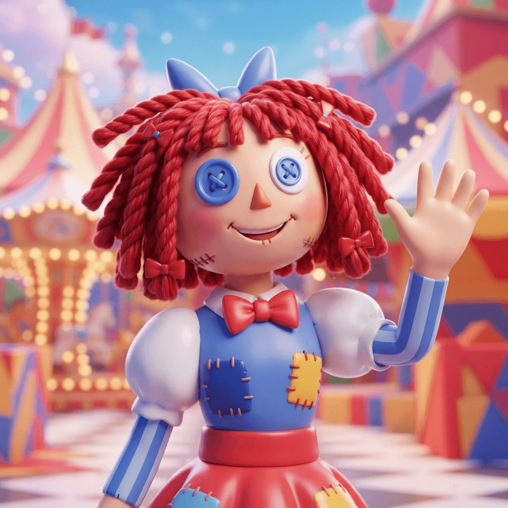 Ragatha from The Amazing Digital Circus, patchwork rag doll girl, red yarn braided hair, blue button eyes, centered avatar bust with a cheerful wave, square profile picture crop, glossy 3D circus style, polished expressive 3D animation, bright colorful Amazing Digital Circus environment, no text, no logo, no watermark