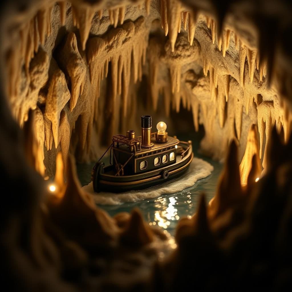 Create a miniature diorama featuring a tiny 1930's steam boat, intricately detailed with brass fittings, navigating through a miniature dimly lit vast cave. Each stalactite and stalagmite should be meticulously crafted, casting eerie shadows in the cave. Embed tiny LED lights to enhance the dim lighting, giving the scene a magical and immersive feel.