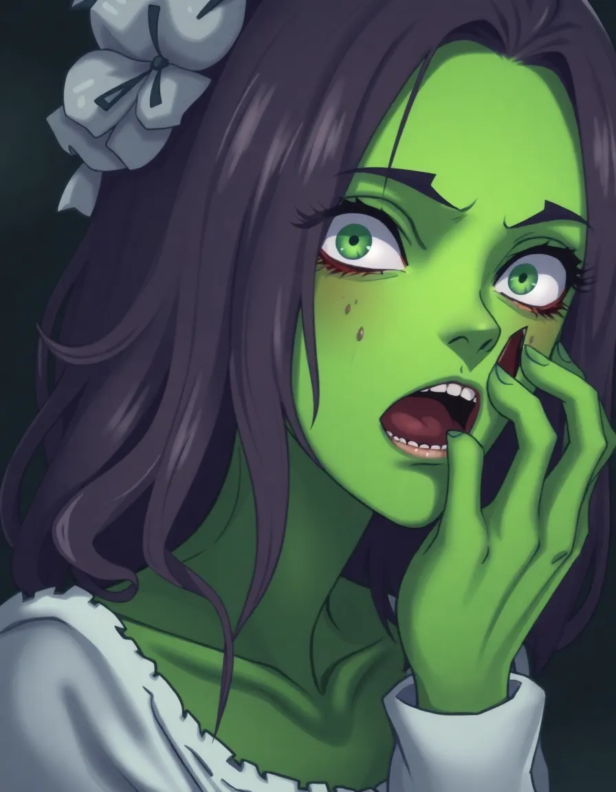Anime female girl zombie with green skin and 