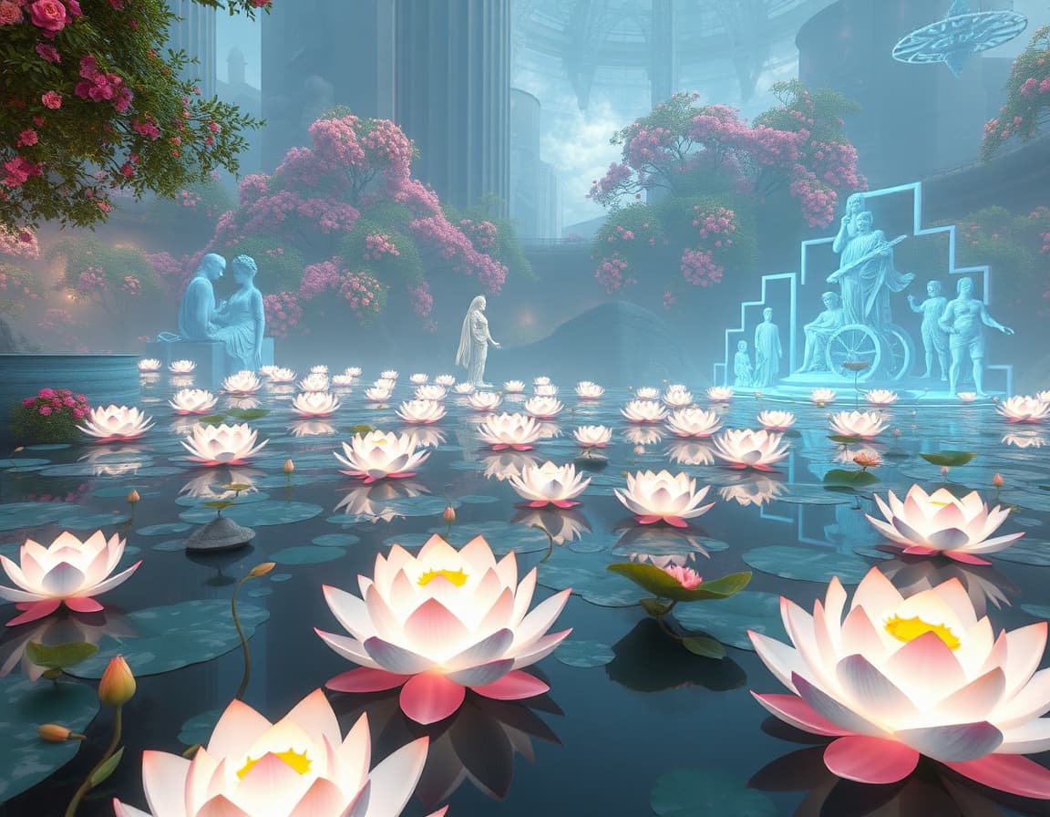 in the hologram sanctuary, a serene virtual refuge of floating lotus holograms and tranquil digital ponds, the atmosphere is one of complete tranquility, softened by the soft ambient light that filters through the virtual landscape. the air is filled with the sweet scent of blooming flowers, and the gentle hum of digital water features creates a soothing melody that is quintessentially futuristic.

in the distance, the hieronymus bosch fractal sets unfold in a mesmerizing display of intricate details and moral themes, drawing the viewer's eye into a world of complex compositions and symbolism. the fractal sets are comprised of interlocking allegorical figures, surreal landscapes, and hybrid creatures, all bound together by a network of symbolic threads that evoke the mystique of bosch's artwork. the symbolism units themselves are a tapestry of colorful motifs, weaving together themes of good and evil, salvation and damnation, while the character sets add a further layer of depth, incorporating an array of composite animals and fantastical creatures.

as the eye travels through this dazzling visual landscape, it is brought suddenly into focus by the hyper-stereoscopic 3d pop-out, an effect that breaks the fourth wall, rendering the image as if it is stepping forward into the viewer's space, while simultaneously creating an eerie sense of depth and dimensionality. the subject appears real and flat, only to burst forth into a vibrant, 3d world, where micro-fine anaglyph color separation creates a disorienting sense of artificial depth.

finally, the world is infused with the vibrant, futuristic essence of néodada, a style that blends traditional art forms with modern, technological ones. dynamic lighting effects, glowing neon highlights, and intricate detailing imbue the scene with an air of energy and wonder, as if the very fabric of reality has been peeled back to reveal a hidden realm of creativity and imagination. the colors are a kaleidoscope of blues, oranges, and reds, while the mood is one of excitement and technological awe, drawing the viewer into a world of endless possibility.