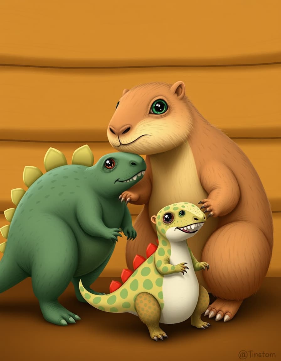 Animal family – mother capybara, father dinosaur, cute baby half capybara half dinosaur