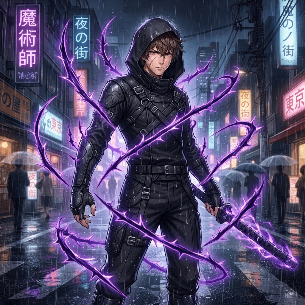 male teen sorcerer, black uniform with a hood up, violet cursed energy shaped like thorns around him, messy brown hair, scar on one cheek, sharp modern anime line art, rain soaked city street at night
