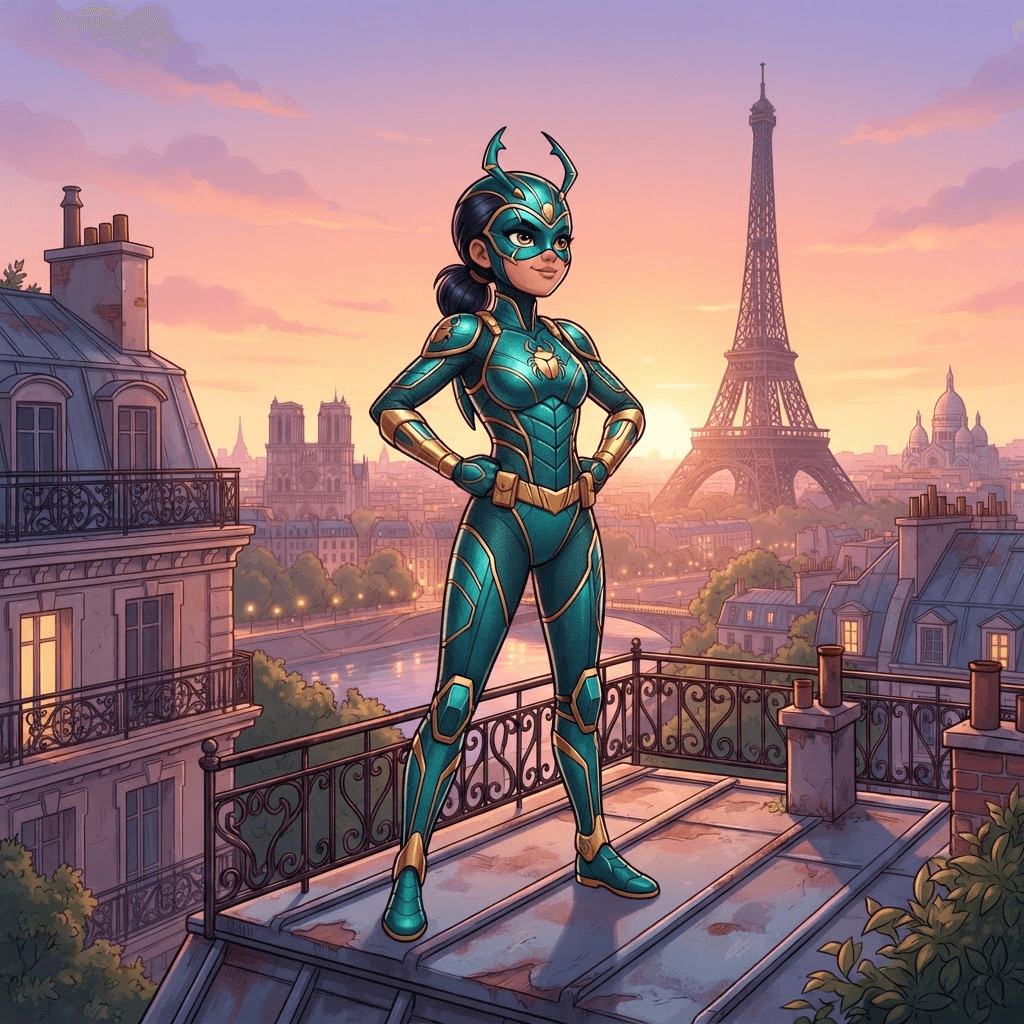 a 2d cartoon superhero teenage girl original character in a teal and gold beetle themed mask and bodysuit, french animated series art style