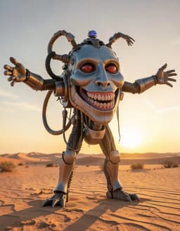 cinematic realism film still of robomonster in an open desert at golden hour, photorealistic with detailed textures and sharp focus. robomonster throws both arms out wide, full body, captured from a low‑angle wide shot.