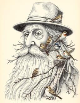 An intricate, hand-drawn vintage illustration in the style of Edward Lear, depicting an elderly gentleman with a long, flowing white beard and a weathered fedora. His beard is intertwined with rustic twigs and branches, forming several cozy nests. A variety of small birds—including owls, larks, and wrens—are perched throughout his facial hair and hat, some nesting and others fluttering about. The artwork features fine cross-hatching and a muted color palette of sepia tones with subtle hints of red and blue, capturing a whimsical yet detailed Victorian aesthetic.