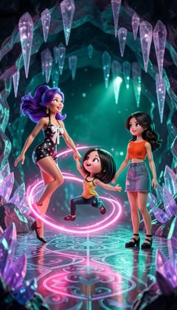 violet, her vivid purple hair wild and her black halter romper shimmering, looks up with a joyful smile as plusha, crouched with one knee bent and arms outstretched, grabs her hand and lifts her into a swirling twirl above the crystal cave floor; neon pink aura spirals around them, illuminating sparkling stalactites and emerald-filtered light. megan fox doll stands beside them, her doll‑like form glowing under bright studio lighting that casts a sharp edge and holographic rim, sharing the festive lantern glow and patterned floor in the luminous, celebratory scene.