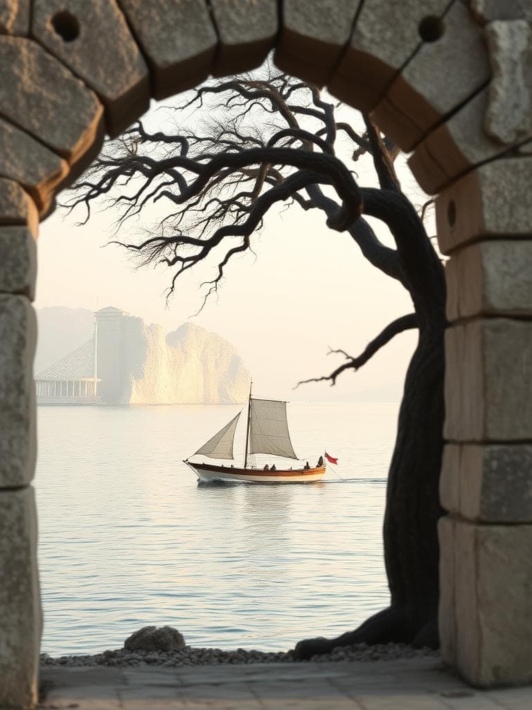 Here's a modified prompt that incorporates the "Composition" aesthetic:

A solitary Greek trireme sails through the calm, empty waters of the Strait of Messina, framed by the archway of a natural rock formation. The surrounding cliffs of Scylla and Charybdis rise up as stark, white monoliths, their sharp lines and smooth surfaces reflecting the pale light of the setting sun. The ship's hull and oars glide through the water with barely a ripple, leaving behind a quiet trail of disturbance, viewed through the crumbling stone doorway of an ancient, abandoned temple on the shore. The serpentine heads of Scylla are reduced to simple, geometric forms, their minimalist presence a counterpoint to the vast, open space of the sea and sky, visible through the curved branches of a twisted, ancient tree that leans out over the water. The background is a soft, featureless haze, with the whirlpool of Charybdis a subtle, gentle swirl of water, partially hidden by the rocky outcropping that forms the frame. The air is still, the only sound the soft creak of the ship's wooden frame and the slow lap of the waves against its hull, as if the viewer is standing in the quiet, shaded space of the ancient temple, looking out at the serene scene beyond.