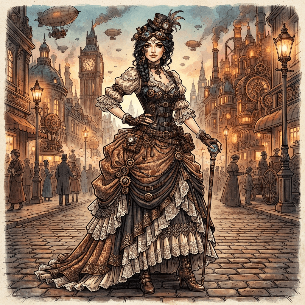 steampunk fashion, brass goggles, corseted bustle skirt, gears and leather straps, full length gown look, fashion illustration, full body