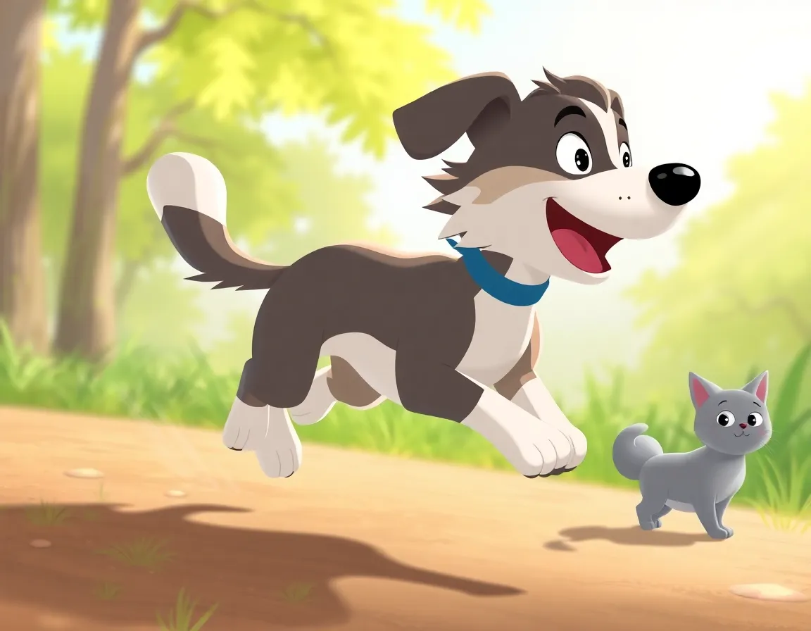 One dog running with cat3d cartoon style with gray cat