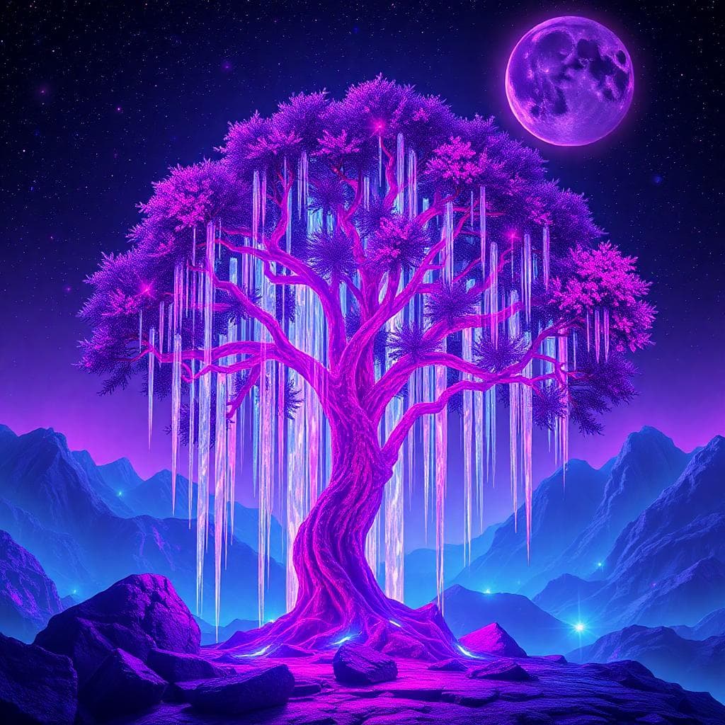 Cascading crystal waves, Molten disco tree, Neon cyberpunk vaporwave