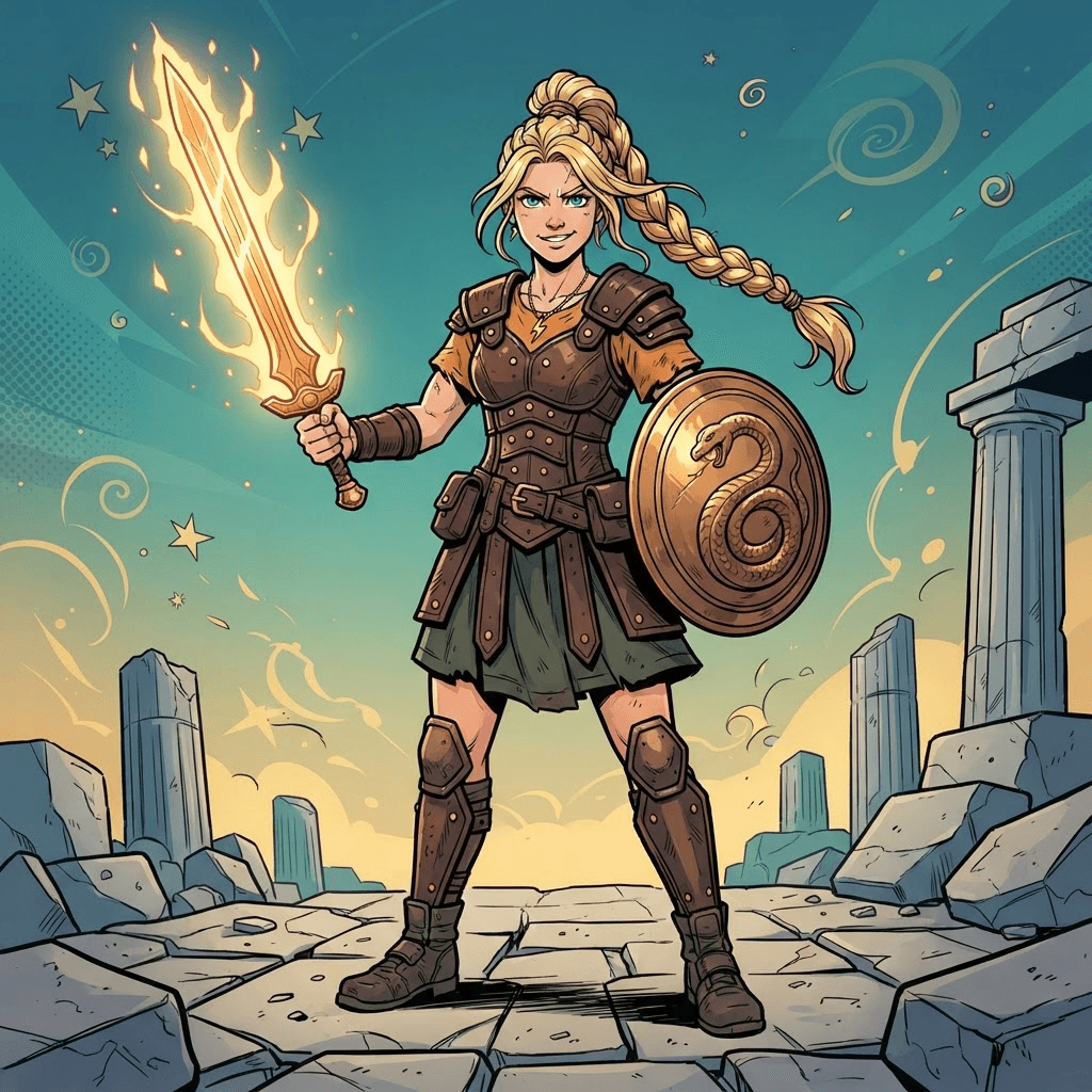 original greek demigod warrior character, young woman with blonde braided hair, leather armor over an orange t shirt, holding a glowing bronze sword, standing full body, bold ink lineart comic book illustration, flat cel shading, teal and gold gradient background, crisp high detail, no text, no words, no watermark