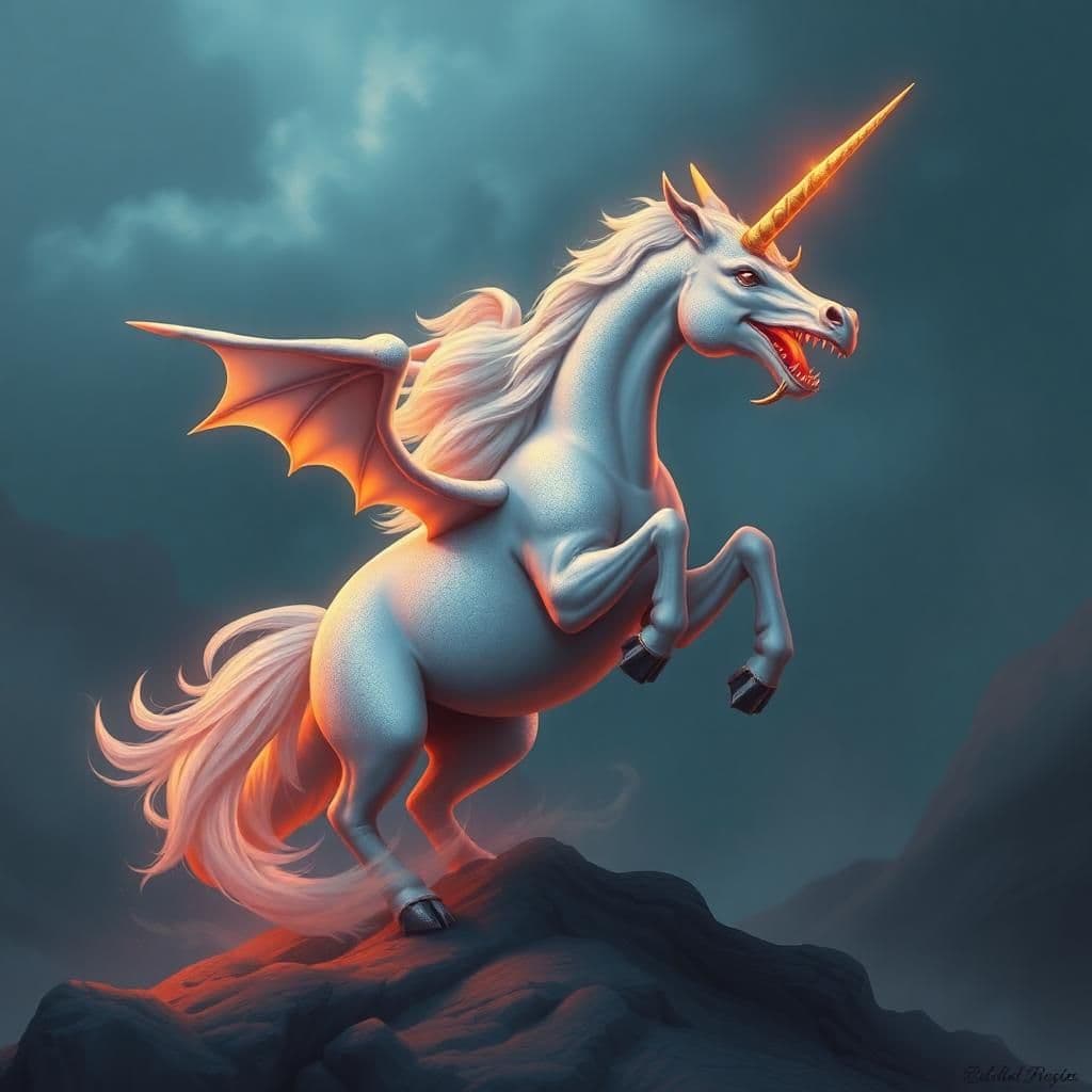 A unicorn riding a dragon