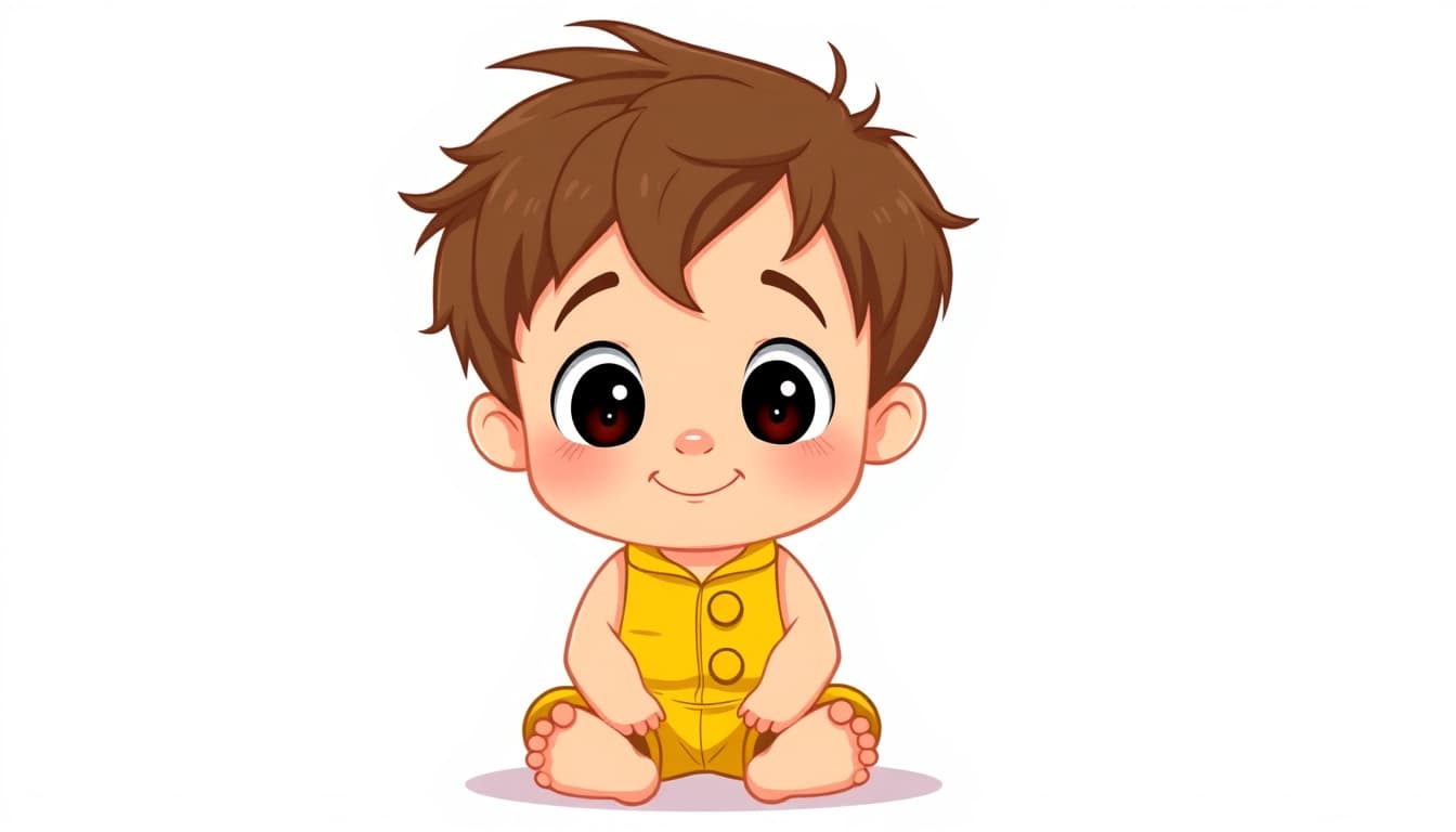"Cartoon style. A small toddler boy with messy brown hair, big rounded expressive eyes, chubby cheeks, soft childlike face, and a gentle innocent smile. He wears a bright yellow romper (with thick shoulder straps and two circular buttons in front), sitting or standing barefoot. Body proportions: head slightly large, round baby face, small nose, short limbs. Skin tone light peachy, hair is tousled/curling, carefully detailed. Always bright, playful, and full of curiosity. Consistent visual look, no changes to outfit, hair, face, or expression in any scene."