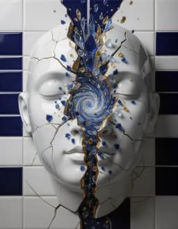 a serene porcelain face sculpted from smooth white tiles, cracked open down the center, with a high‑energy vortex of glass fragments erupting from the rift, rendered in a stately royal blue and rich gold palette with ivory accents and navy shadows, high contrast sharp tile lines and glossy reflections, deep royal blue and gold palette, ivory highlights, navy shadow ambience.