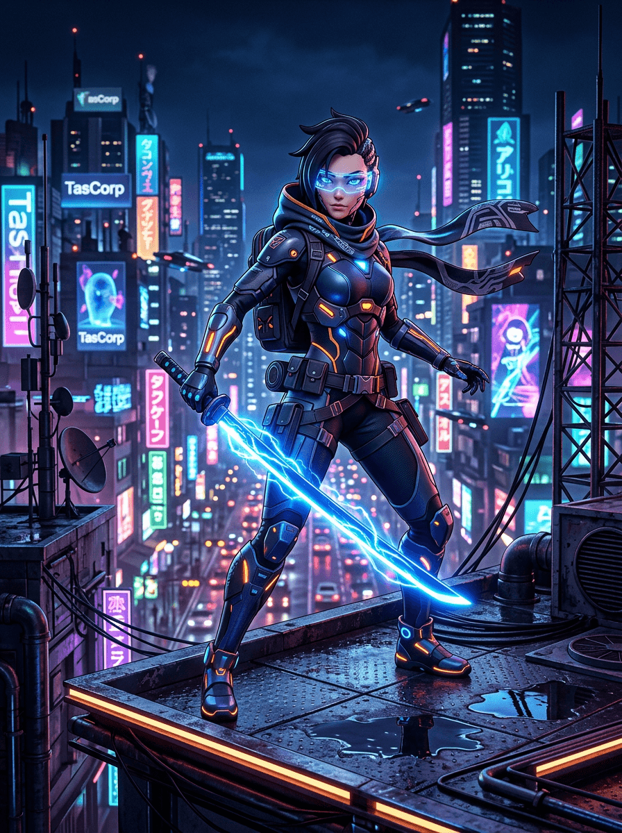 Original character for Meta Runner: a cyber-ninja wielding a glowing neon katana, full body, stylized 3D anime style, rooftop above a neon megacity at night, dramatic lighting