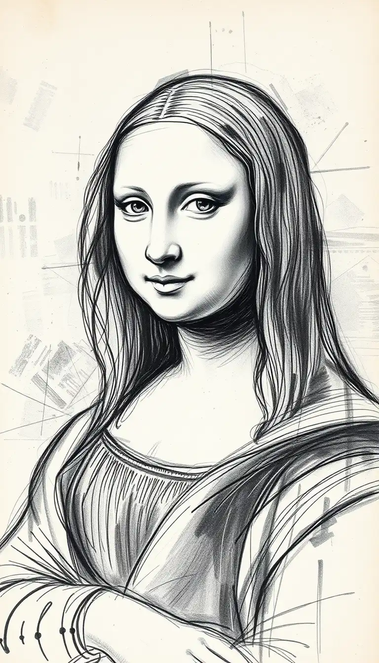 A detailed Portrait ,rough charcoal sketch on old paper, The Mona Lisa as theclean line art:: expressive line,in the style of expressive sketch drawing, hatching, color sketch, hand drawing, sketching, linear style:, in the style of Rolf Armstrong, Frank Frazetta, Jeremy Mann, Carne Griffiths, Robert Oxley, illustration, painting, architecture, dark fantasy