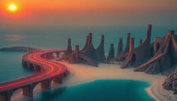 luminous curving road tunnel over a deep blue‑green lagoon and white‑sand shore, merging into an escher‑style surreal staircase cityscape of interlocking towers, bridges and impossible stairs rising from the water’s edge. low sun rim lighting outlines the scene with fiery orange‑red edges and a warm gradient sky, casting dark silhouettes that emphasize dramatic isolation. crash‑zoom view with radial motion‑blur spokes weaves through the lagoon and impossible architecture.