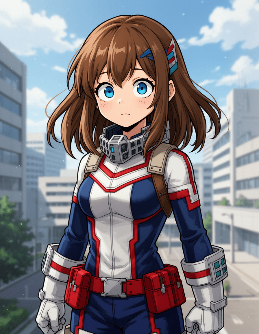 A brown haired My hero academia girl  with blue eyes wearing a hero costume
