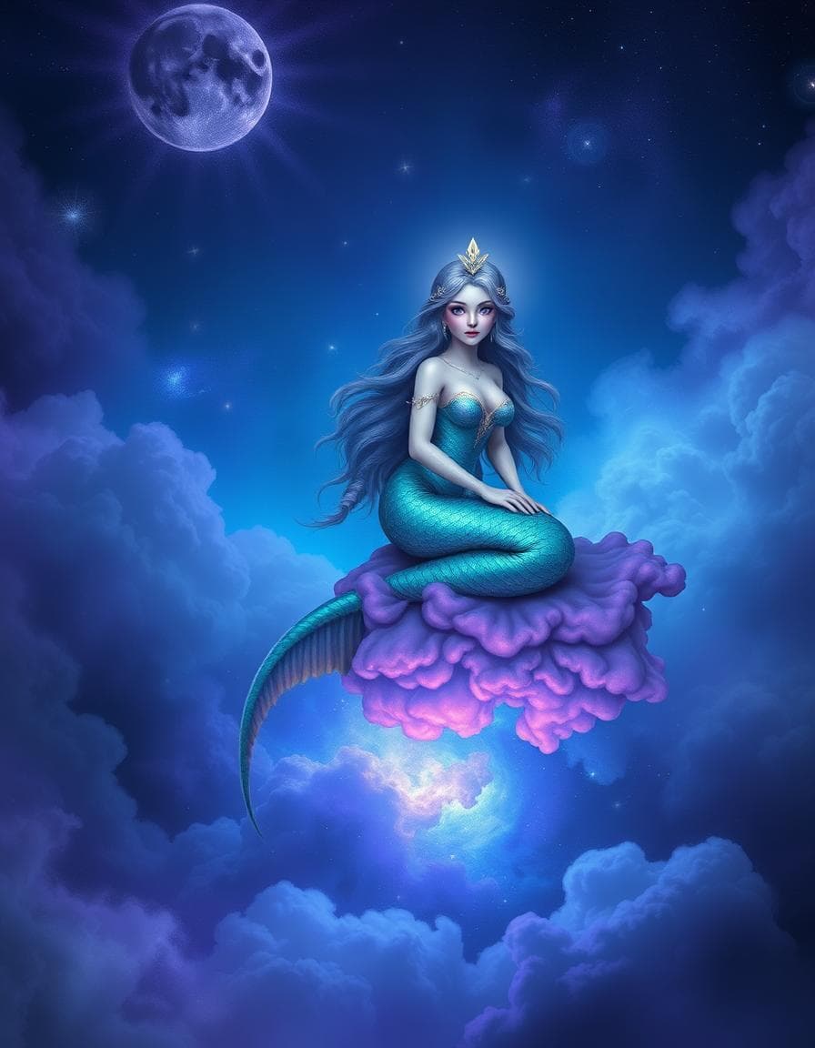 A celestial mermaid sits atop an underwater galaxy, surrounded by swirling stormy clouds of purple and blue gas. Her iridescent scales shimmer with hues of turquoise and emerald, 