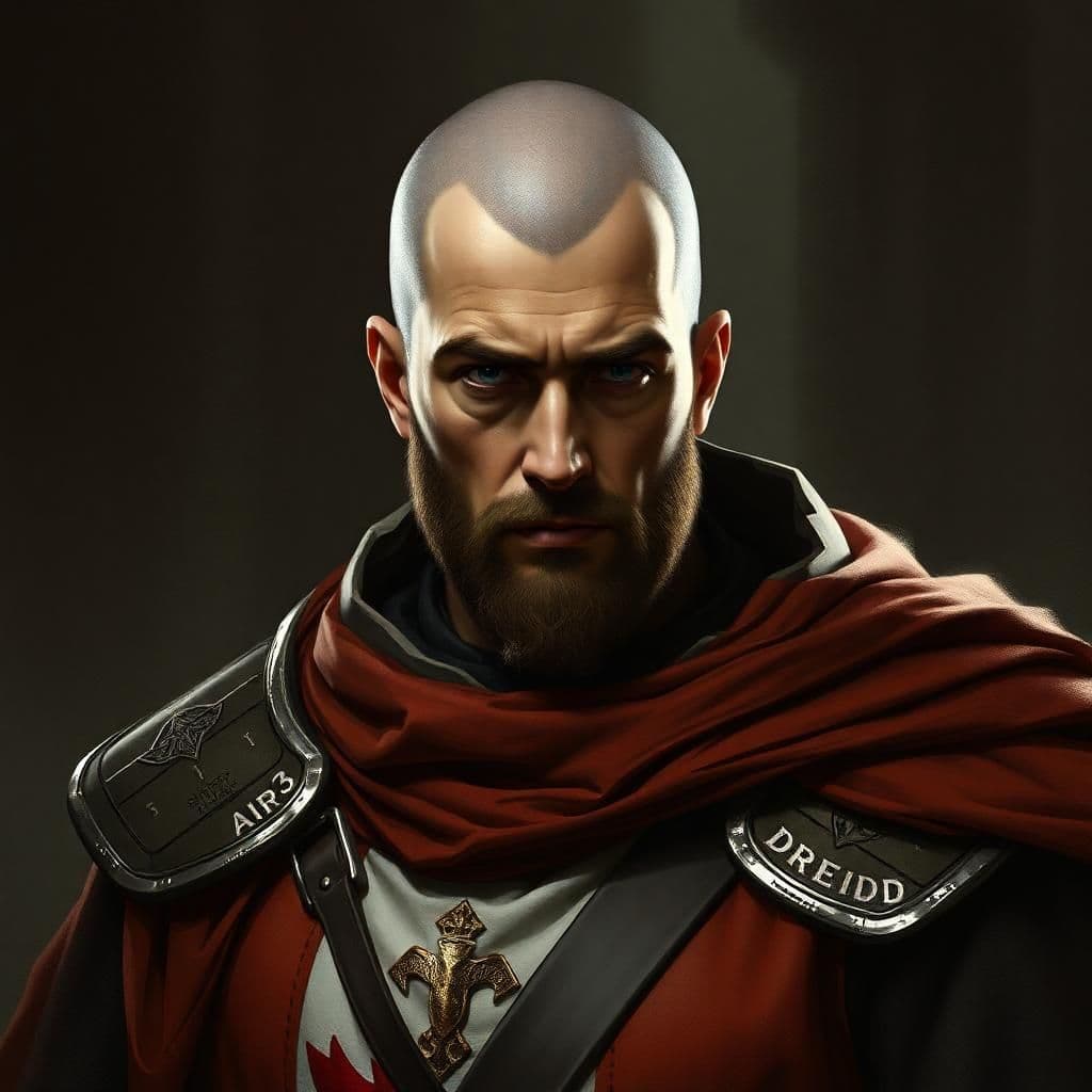 Fais moi une image réaliste d'un chevalier de l'ordre du Temple. Il doit avoir une tête casquée. AIR3 doit être inscrit sur ses épaulettes et DREIID doit être inscrit en haut de l'image et en caractère médiéval.
Le tout doit être dans une ambiance sombre.