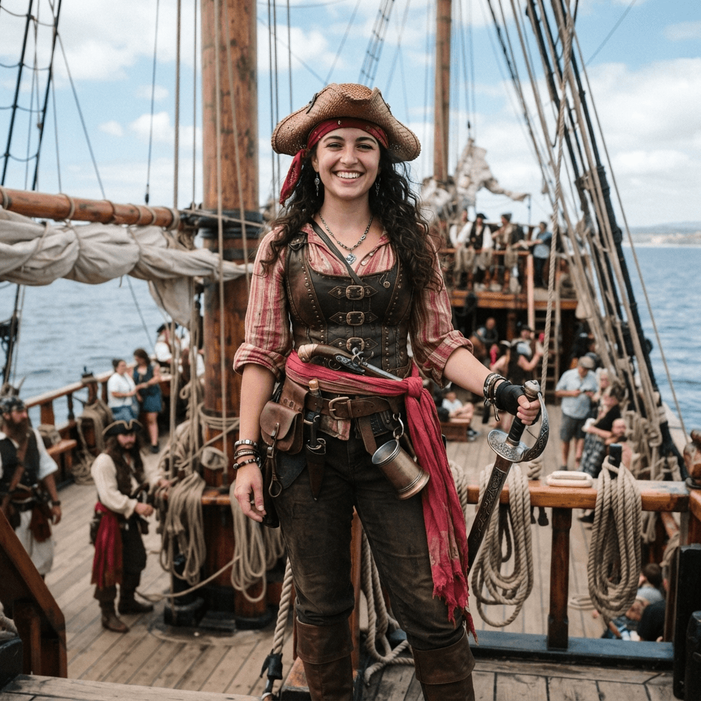 a pirate crew costume with a straw hat, sash and nautical styling on an open deck, cosplay portrait, waist up, detailed costume