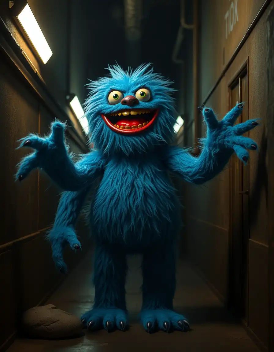 "First appearance of Huggy Wuggy, tall blue fuzzy toy monster with big red lips smile, standing in dark factory hall, long arms, glowing eyes, creepy shadows, ultra-detailed horror style, 8K, 9:16"