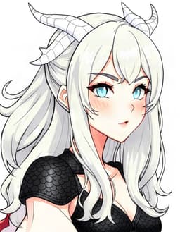 VTuber character portrait of female, a character with a human face, curved dragon horns, red scales along the cheeks and a spaded tail, fully clothed, Long argente ondules, Very light bleu, White horns, Black bustier with shoulder protection in black scale, clean anime VTuber model art, cel-shaded 2D illustration, crisp lineart, vivid colours, soft rim lighting, head and shoulders, facing forward, plain flat white background