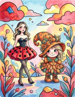 ladybug‑fa and pumpkin witch, mid‑step, low‑angle view, stand in a whimsical dreamscape rendered in joan miro style with bold black outlines, flat primary‑color shapes, floating organic forms and textured watercolor washes; surreal geometric clouds and abstract foliage in vivid reds, blues and yellows contrast the pastel tones. both retain their original outfits and calm expressions, each occupying separate space, while the composition echoes miro’s playful, abstract aesthetic.
