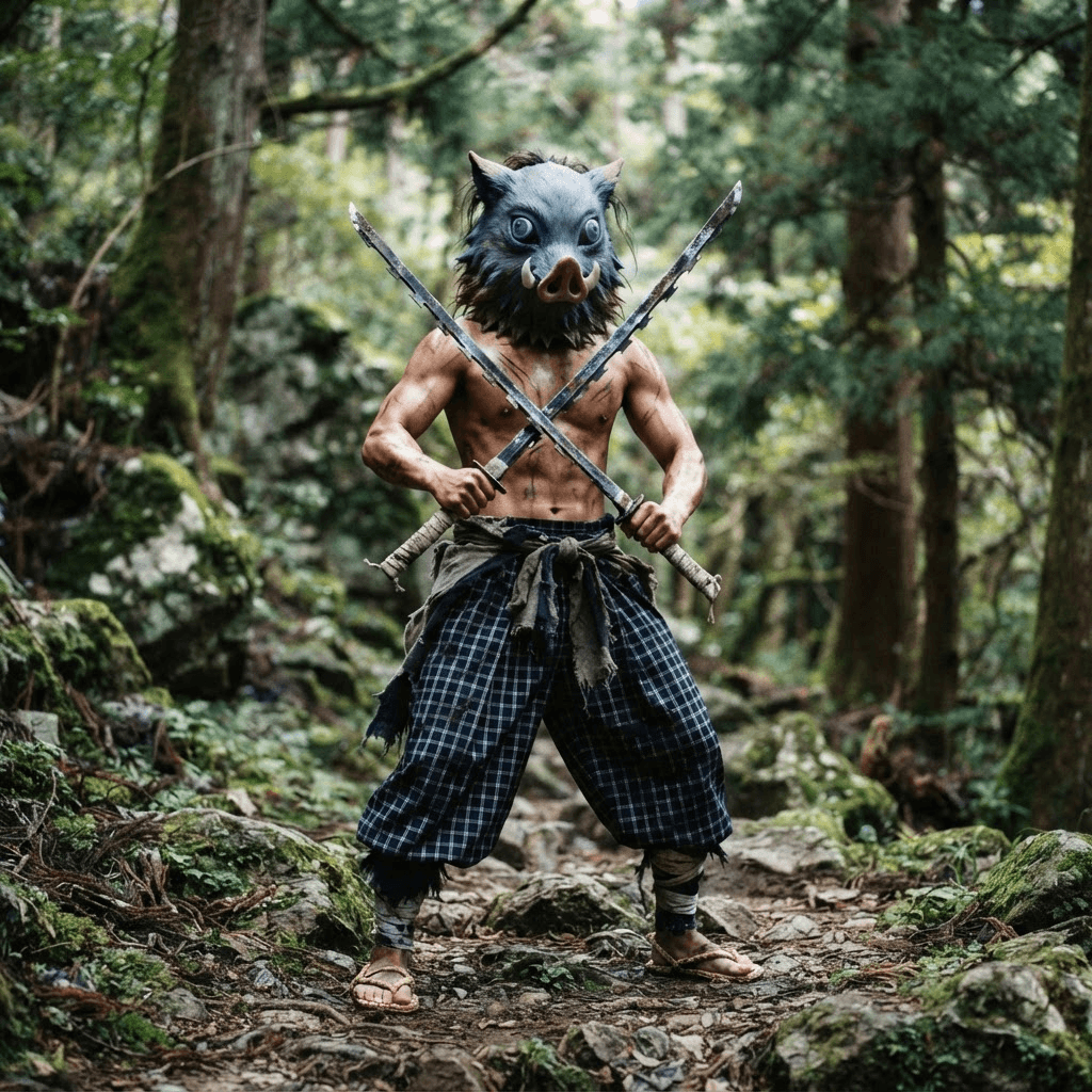 a wild swordsman wearing a boar head mask, bare chested with checkered hakama and dual serrated katana, cosplay reference, full body, standing portrait